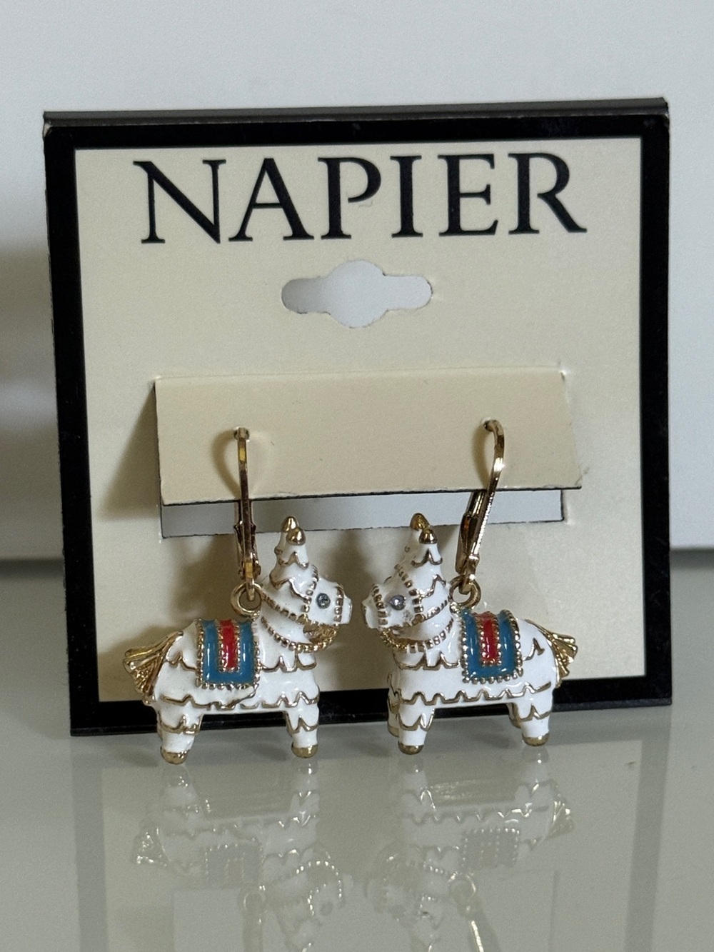 Napier Enamel Llama Alpaca Dangle Leverback Earrings NWT
